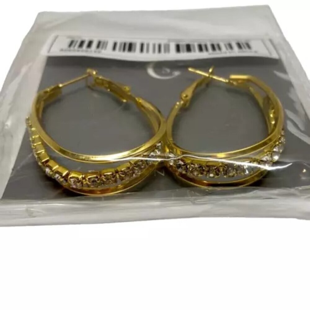 CS Fashion Earrings U Shape Multi Layer Hoop Design Golden Yellow with Gemstones